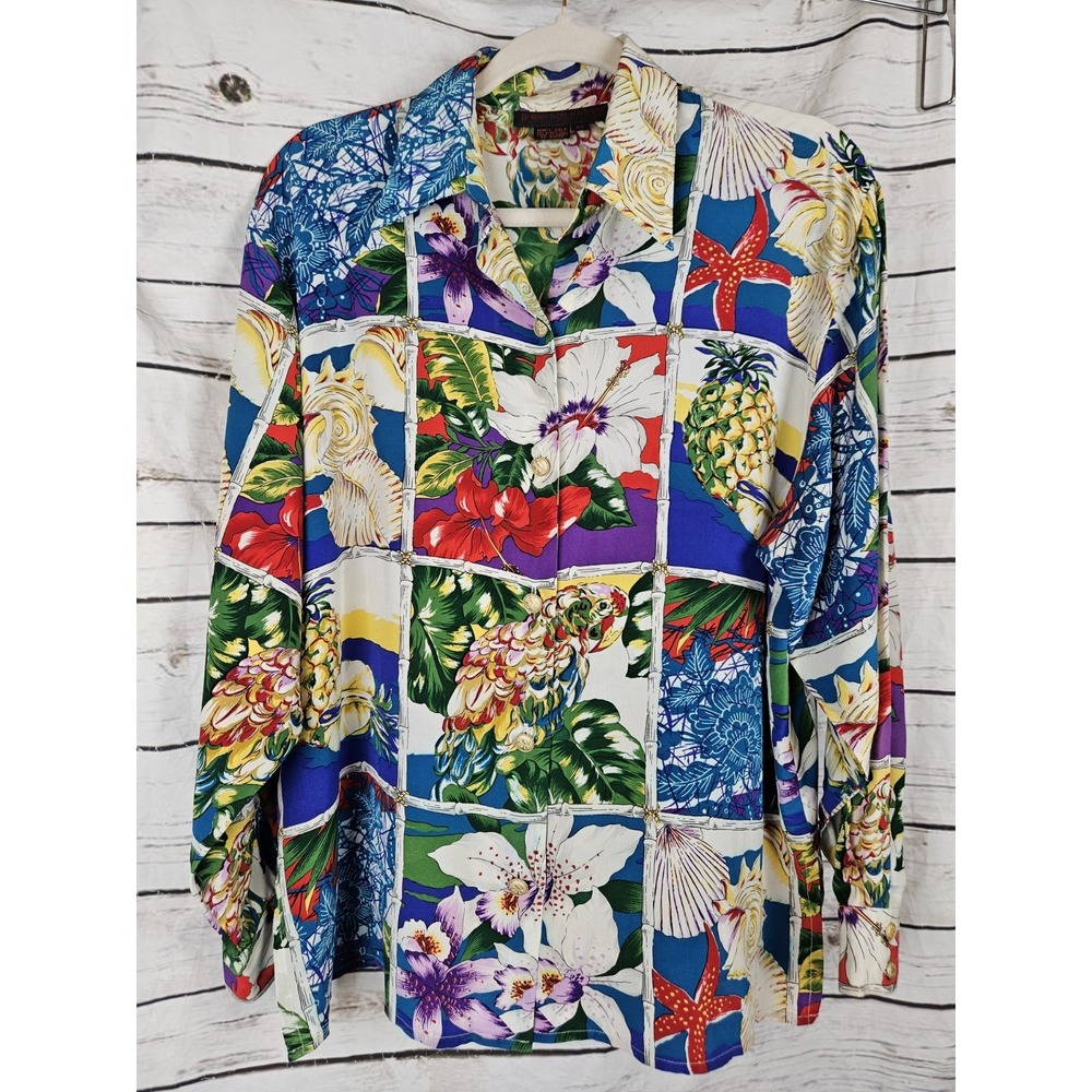 Vtg Jerri Sherman Floral 100% Silk Blouse Top Button Up 12 Tropical Retro 80s